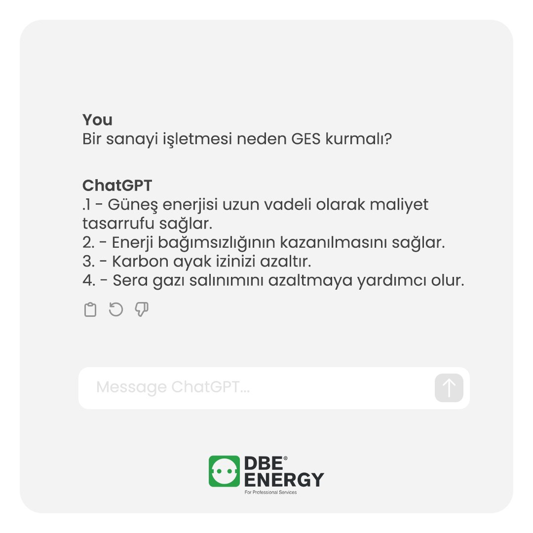 ChatGBT’de bu konuda bizim gibi düşünüyor.
.
.
#dbeenergy 
#renewableenergy
#yenilenebilirenerji
#gunesenerjisi
#YEKG 
#VEP
#energytrading
#energystorage
