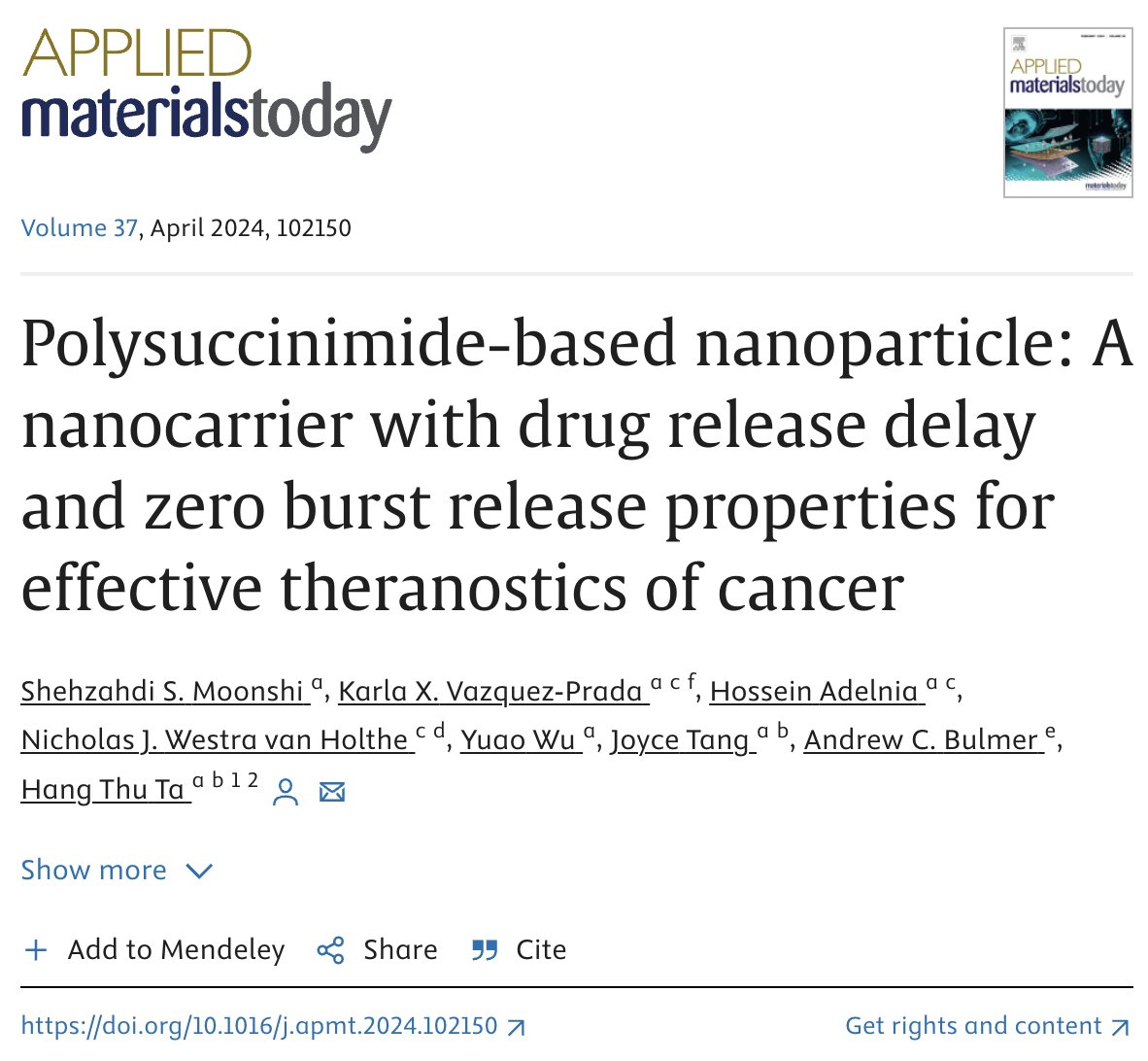 #NewPaper supported by NIF @UQ_CAI: Polysuccinimide-based nanoparticle: A nanocarrier with drug release delay and zero burst release properties for effective theranostics of cancer doi.org/10.1016/j.apmt… @shehzahdimoon @NanoKarlaPrada @AndrewBulmer6 @DrHangTTa @UQ_SCMB