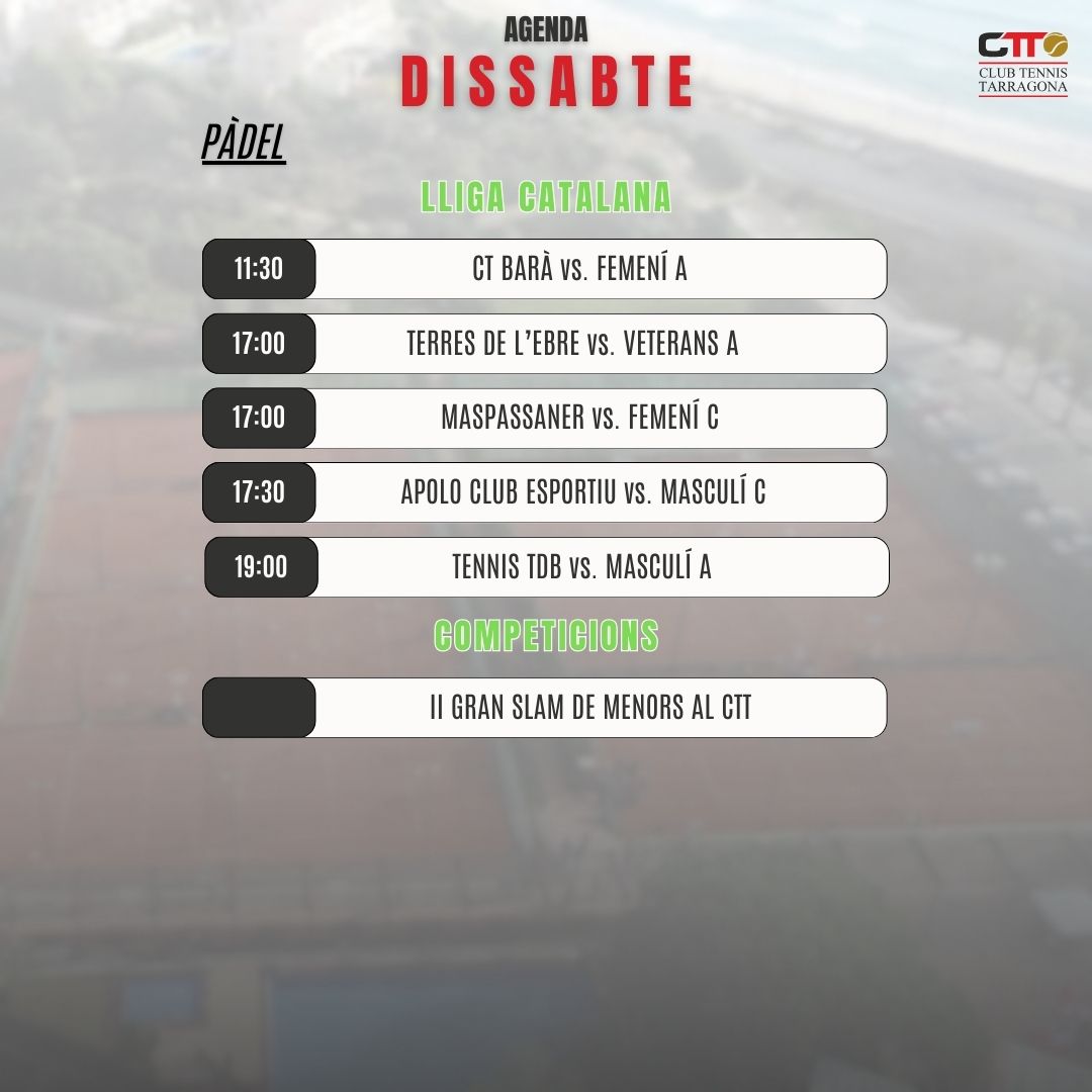 TennisTarragona's tweet photo. AGENDA CTT DEL CAP DE SETMANA⚫️🔴
Ja sabeu quines són les activitats i els partits que es duran a terme aquest cap de setmana😳
#LATEVACASA #totsfemctt #joemsumoalctt #ctt #clubtennistarragona #comunitatctt #femfamilia #tennis #padel #gym #outdoor #calaromana https://t.co/fOqhjDzy6W