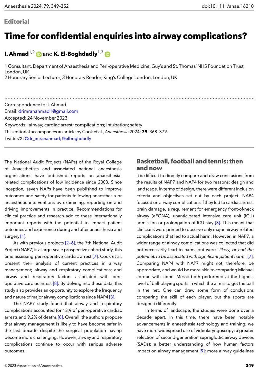 🔓'With respect to airway management, the time may have come for consistent, frequent reporting of complications. By collecting national data sooner, we can become better at improving patient outcomes...' @elboghdadly @dr_imranahmad 🔗…-publications.onlinelibrary.wiley.com/doi/10.1111/an…
