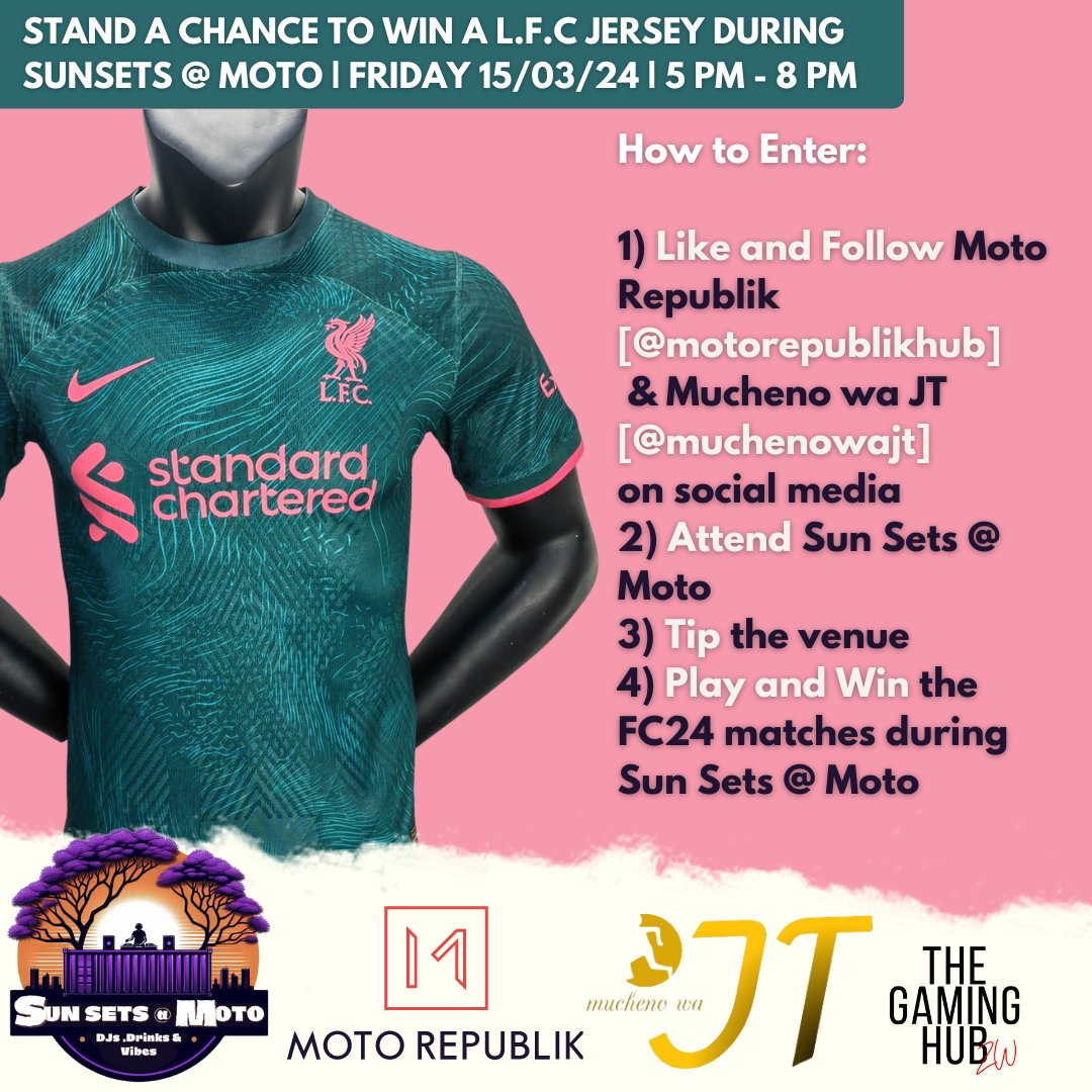 Gear up and showcase your skills at Sun Sets tonight!  You could even win a Liverpool jersey from <a href="/muchenowajt/">MuchenowaJT</a>.
 Soccer jerseys $20
Rugby jerseys $30
American football $ 35
Tracksuits $60
#Giveaway #SunSetsAtMoto#Harare #MuchenowaJT