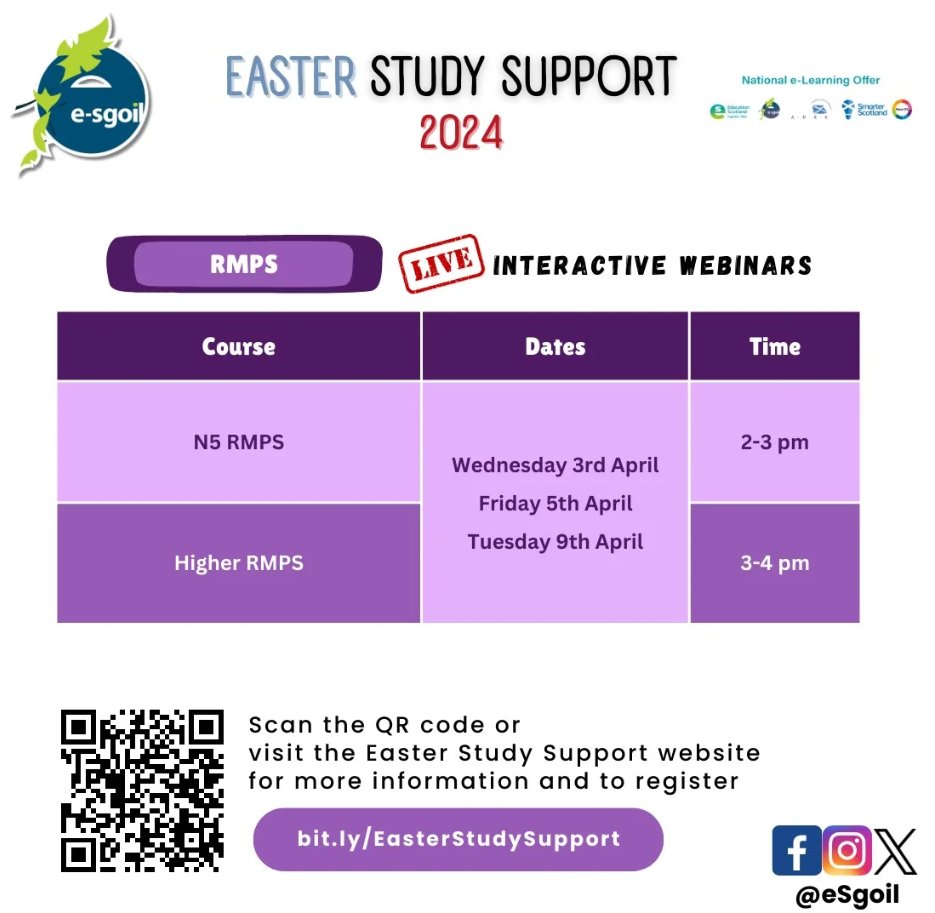 Teaching or studying RMPS in the Senior Phase? You can check our Easter Study Support webinar times at a glance with this handy timetable graphic. Please feel free to share in your school department or online. e-sgoil.com/senior-phase/e………………… #NeLO