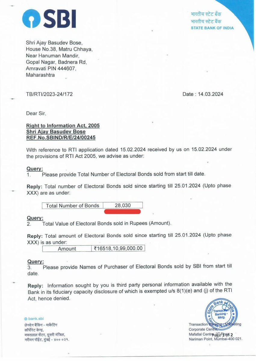 AjayBos93388306's tweet photo. My RTI reply received from @TheOfficialSBI Corporate Branch Mumbai reveals 
Total Electoral Bonds Sold = 28,030 
But as per Media #SBI submitted details of only = 18,871  Electoral Bonds Sold to Election Commission of India, My pertinent question is where are details of around 10,000 Electoral Bonds Sold gone, Honble Supreme Court of India should take Cognizance of this
@pbhushan1 @arvindgunasekar @sardesairajdeep @Jairam_Ramesh @gurdeepsappal @SupriyaShrinate @kharge @RituRathaur @mediacrooks @sidd_sharma01 @vijaythottathil @Cow__Momma @RahulSeeker @RahulGandhi @PChidambaram_IN @Swamy39 @_sayema @rohini_sgh @sakshijoshii @dhruv_rathee