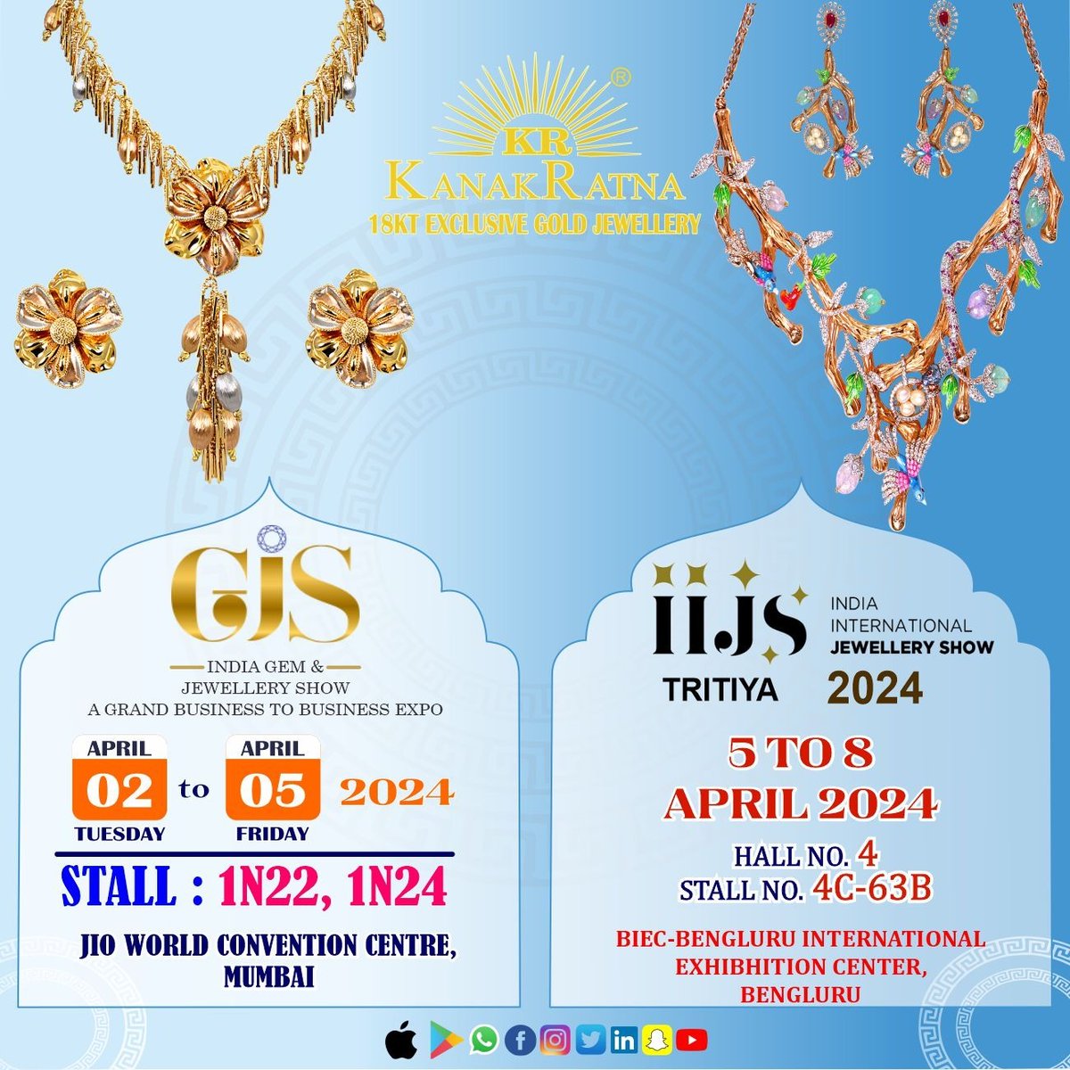 kanakratnagroup's tweet photo. Join KANAKRATNA ., at the Upcoming Shows in April 2024 ,
Where the Latest and Finest #18KT Exclusive Gold Jewellery Converges with Exceptional Designs, Creativity, and Light Weight Jewels.
Check Out Our Latest Collection and Keep Your Stock Updated
#GJSShow 2-3-4-5 April 2024 , JIO Convention Centre , Mumbai.
#IIJSTritiya Show 5- 6- 7- 8 April 2024, BIEC Bengaluru International Convention Centre, Bengaluru.
We are Looking Forward to Welcoming you at Our Stand.
#KANAKRATNA
#IIJSTritiya
#GJSShow