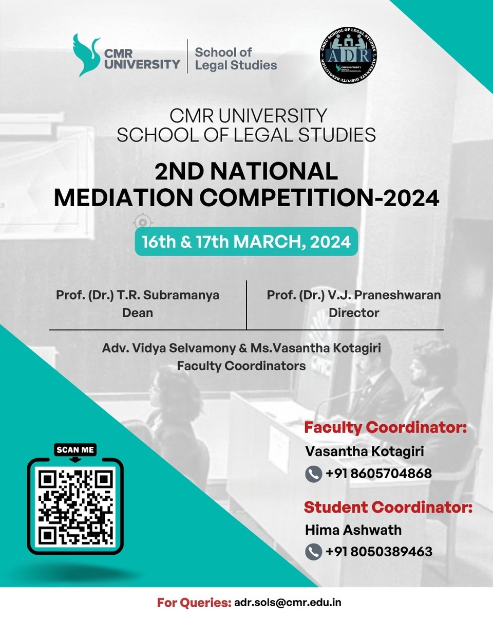 CMRUniversity's tweet photo. The Centre for Alternate Dispute Resolution at CMR University School of Legal Studies is set to host the 2nd National Mediation Competition, 2024 on March 16th and 17th. 

#CMRUniversity #LegalStudies #MediationCompetition #DisputeResolution #ADR #LegalEducation #LawStudents https://t.co/PAPvEdwqnq