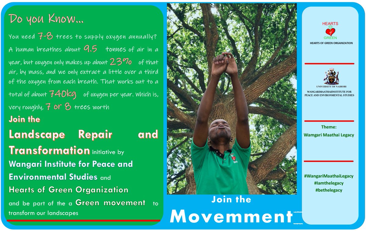 HeartsOfGreen's tweet photo. 🤔Do You Know?...
How Many Trees🌳🌳🌳 can supply you with oxygen🫁🫁 annually?
Lets Grow more trees. Join The Landscape Repair and Transformation Initiative by @UoNWMI and @HeartsOfGreen and be part of a Green Movement.
@followers
#landscaperepair
#iAmTheLegacy
#BeTheLegacy https://t.co/0O3PuP1hpU