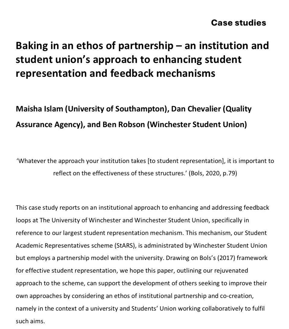 🚨 NEW ARTICLE LIVE Super pleased to have this case study published, alongside @Dan_chev99 and Ben Robson! We discuss our approach to embedding values of #partnership within #StudentRepresentation processes at @_UoW x @winchestersu - have a read below! 👇🏽 journals.studentengagement.org.uk/index.php/stud…