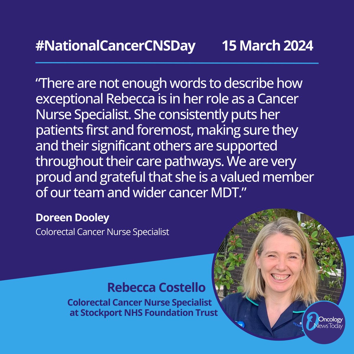 Oncology News Today (@oncologynt) on Twitter photo This #NationalCancerCNSDay, it's time to celebrate the Cancer Clinical Nurse Specialist's making a difference every day π
Rebecca Costello, a Colorectal CNS at <a href="/StockportNHS/">Stockport NHS FT</a> This #NationalCancerCNSDay, it's time to celebrate the Cancer Clinical Nurse Specialist's making a difference every day π
Rebecca Costello, a Colorectal CNS at <a href="/StockportNHS/">Stockport NHS FT</a>