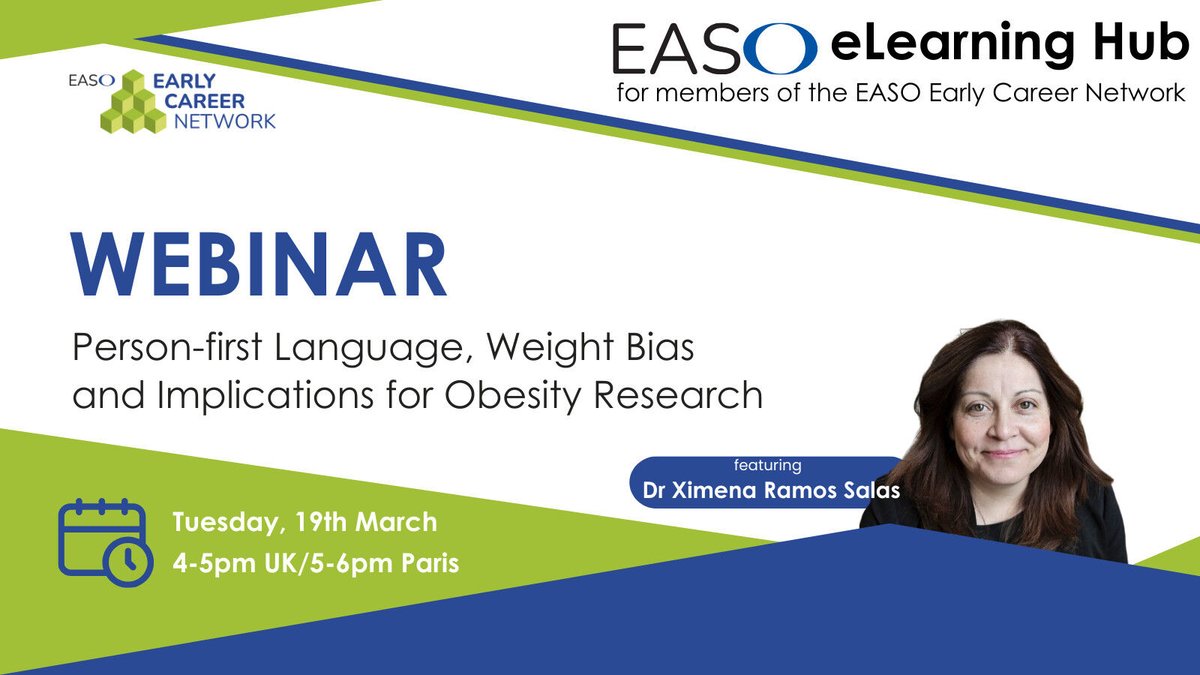 📢 @EASOobesity @EASOobesityECN eLearning opportunity: Person-first Language, Weight Bias and Implications for #Obesity Research 🗓️ Tuesday 19th March Time: 4-5 pm UK / 5-6 pm Paris Find out more & register us02web.zoom.us/meeting/regist…