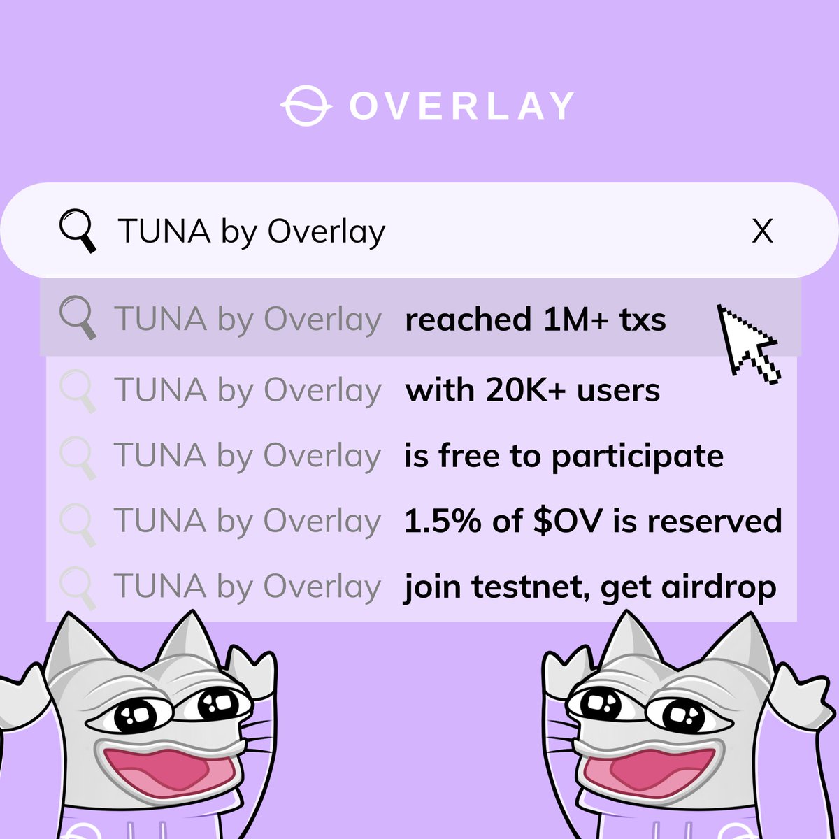 OverlayProtocol's tweet photo. ✨𝟏𝐌+ 𝙩𝙧𝙖𝙣𝙨𝙖𝙘𝙩𝙞𝙤𝙣𝙨 ✨to share 1.5% of the total supply reserved for the testnet campaign.

Every degen is invited to try out Overlay and collect points. It's completely free to participate as it's on the Arbitrum Sepolia testnet.

Try it out: https://t.co/DCheEQM6g3 https://t.co/gSYKdUsTq0