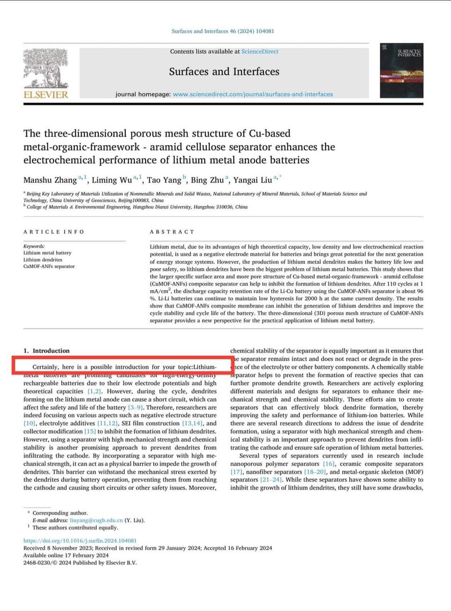 jan_masood's tweet photo. #ChatGPT 🤦🏻😂 #Sciencedirect #SurfacesandInterfaces #Elsevier (https://t.co/n2iy0JJluJ) https://t.co/rLkuBLTQmu