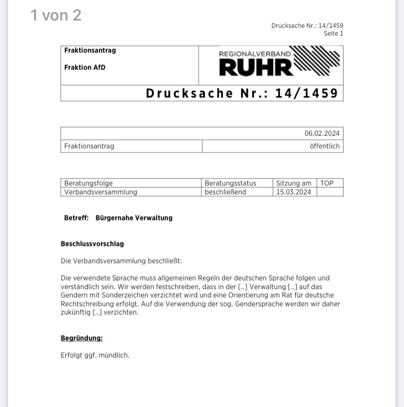 #AfD im Ruhrparlament schreibt von „Bürgernaher Verwaltung“, meint damit aber ein #Gender-Verbot.

Aber das ganze Anliegen ist ihnen dann doch nicht so wichtig, dass sie die drei Klammern in der Mustervorlage (wahrscheinlich gibts sowas in der AfD-Cloud) zumindest ausfüllt. Ups.