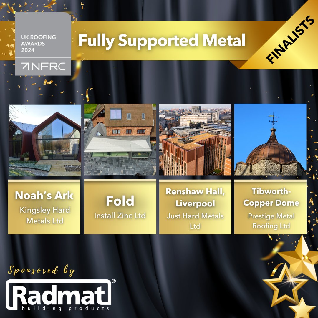 🎉 Here are the finalists in the Fully Supported Metal category, sponsored by @RadmatOfficial 🌟Kingsley Hard Metals Ltd 🌟 Just Hard Metals Ltd 🌟 Prestige Metal Roofing Ltd 🌟 Install Zinc Ltd Good luck! #RA2024 #RoofingAwards2024