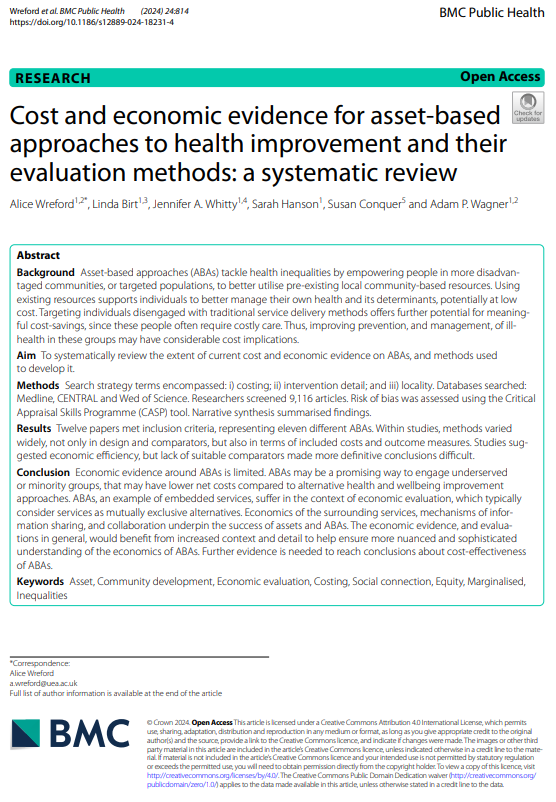 📢New publication📢 Cost and economic evidence for asset-based approaches to health improvement and their evaluation methods: a systematic review link.springer.com/article/10.118…
