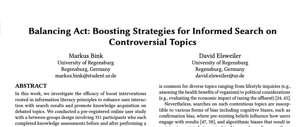 Pleased to share our recent work "Balancing Act: Boosting Strategies for Informed Search on Controversial Topics" w/ <a href="/delsweil/">David Elsweiler</a>, presented at this years <a href="/ACM_CHIIR/">ACM CHIIR 2026</a> #chiir2024 <a href="/InfoSciUR/">InfoSciUR</a> - dl.acm.org/doi/10.1145/36…