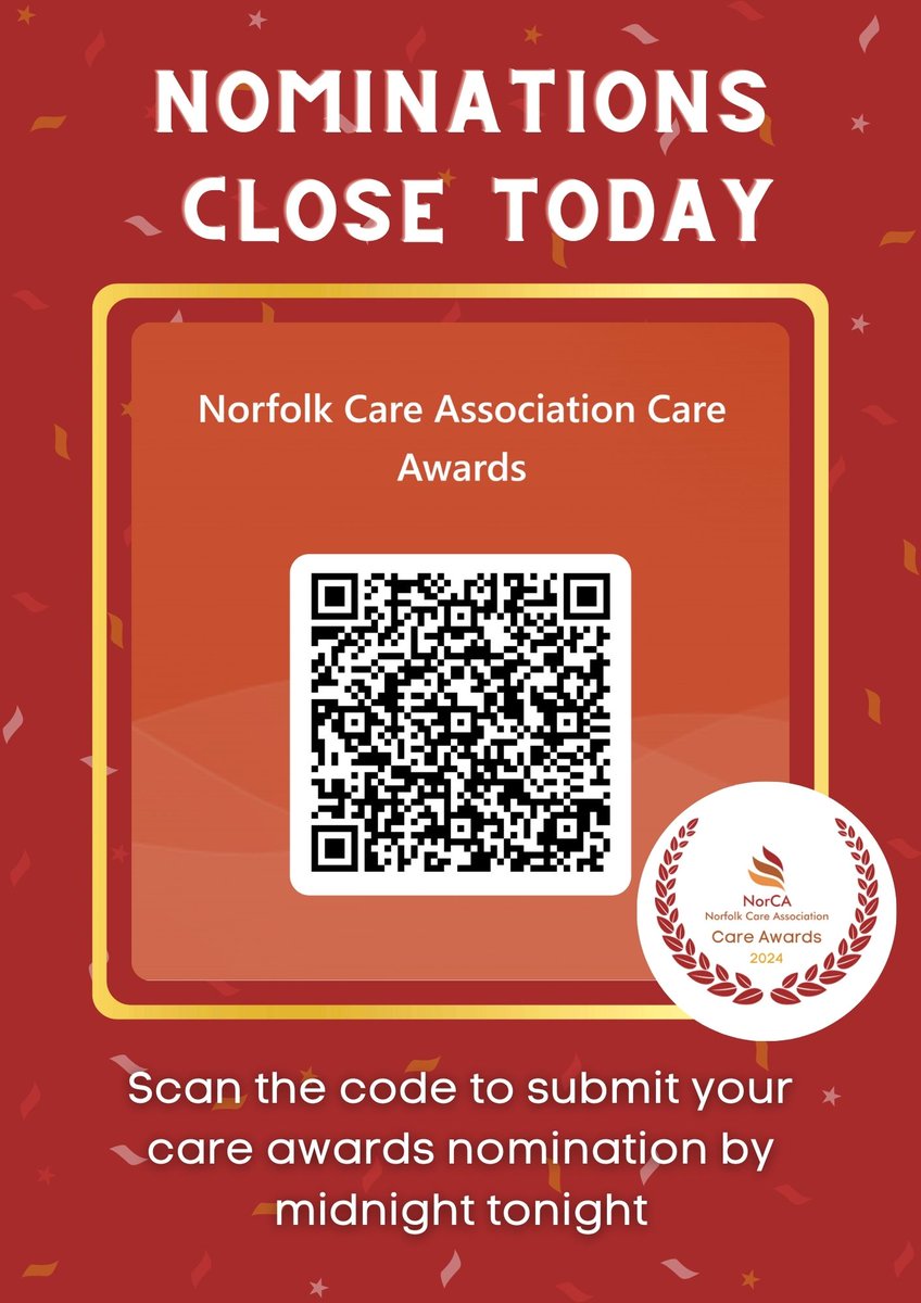 🏆 Last day to get your Norfolk Care Association Care Awards nominations in! Don't miss the opportunity to celebrate the work you do to support the adult social care sector locally.⏲ Applications close at midnight. #adultsocialcare #awardwinning #awards #norfolk #norfolkbusiness