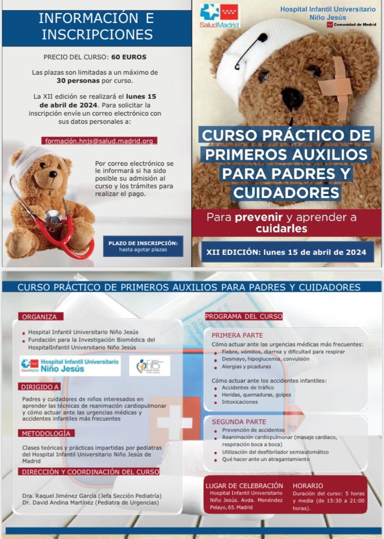 daandina's tweet photo. ❗️XII Edición del Curso Práctico de Primeros Auxilios para Padres y Cuidadores

🗓️ Lunes 15 de abril de 15:30 a 21:00 horas

🏥 Hospital Infantil Universitario Niño Jesús de Madrid

👉 Más información sobre el proceso de inscripción en el díptico: https://t.co/DKpkeqzmHG