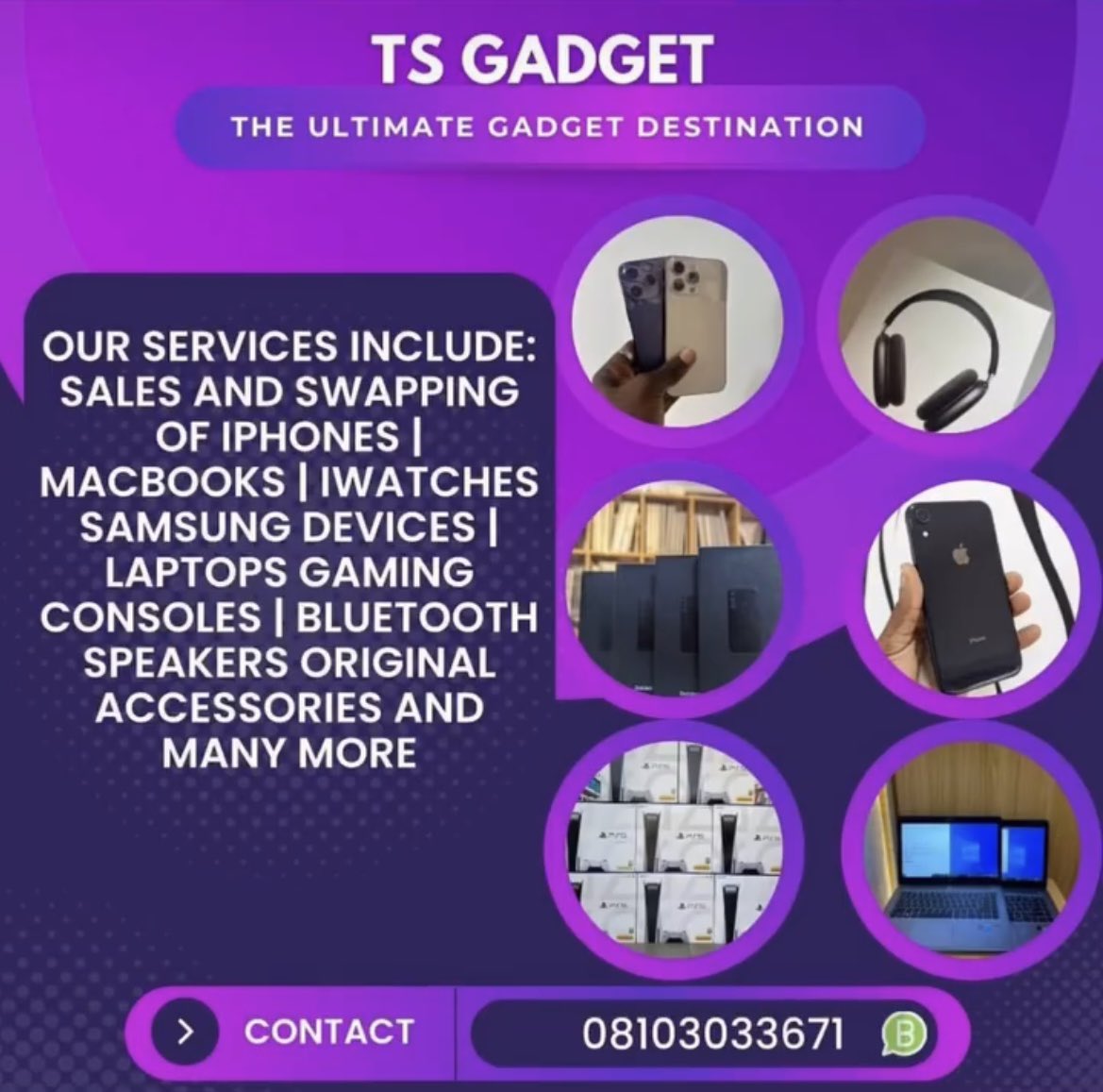 TS_gadgets's tweet photo. I sell quality premium gadgets, come with your budget and we'll work around it😊

Brand new and premium used phones 
iWatches✅
MacBooks✅
AirPods✅
Original Charger✅
Laptops✅

We don't only sell we also offer the best swap deals 
Kindly send us a dm today ,let deal 
@_DammyB_ https://t.co/1QfDKBQF8i