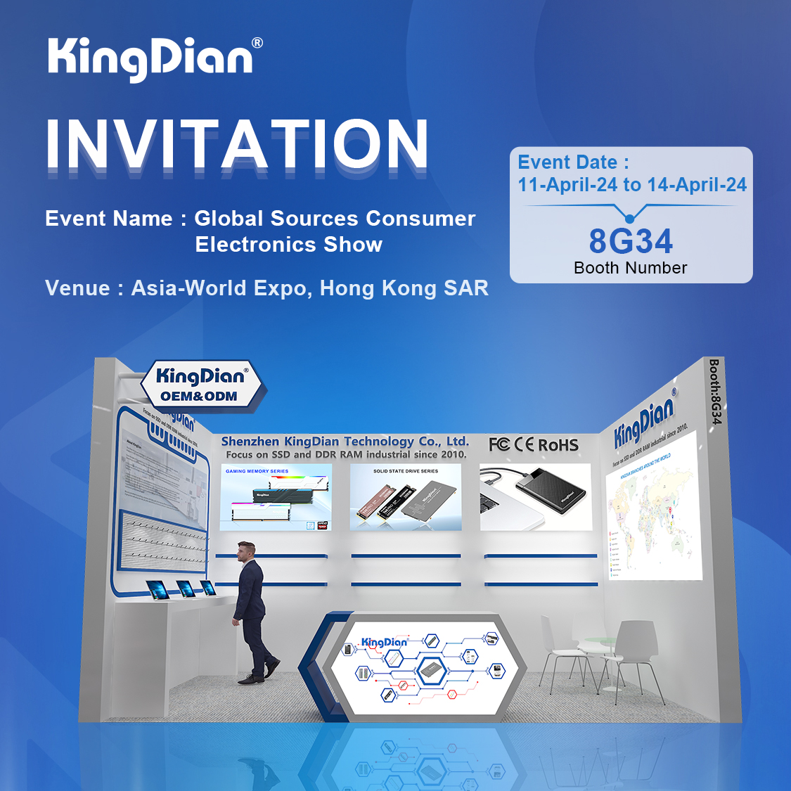 We're thrilled to announce that #KingDian will be showcasing our latest innovations at the Global Sources Spring Hong Kong Show(April 11-14, 2024)

📍 Booth Number G834 📍

#SSD #HDD #RAM #DDR4 #NAND #PC #hkshow #globalsources
#wholesale #Supplier #manufacture #OEM #ODM #factory