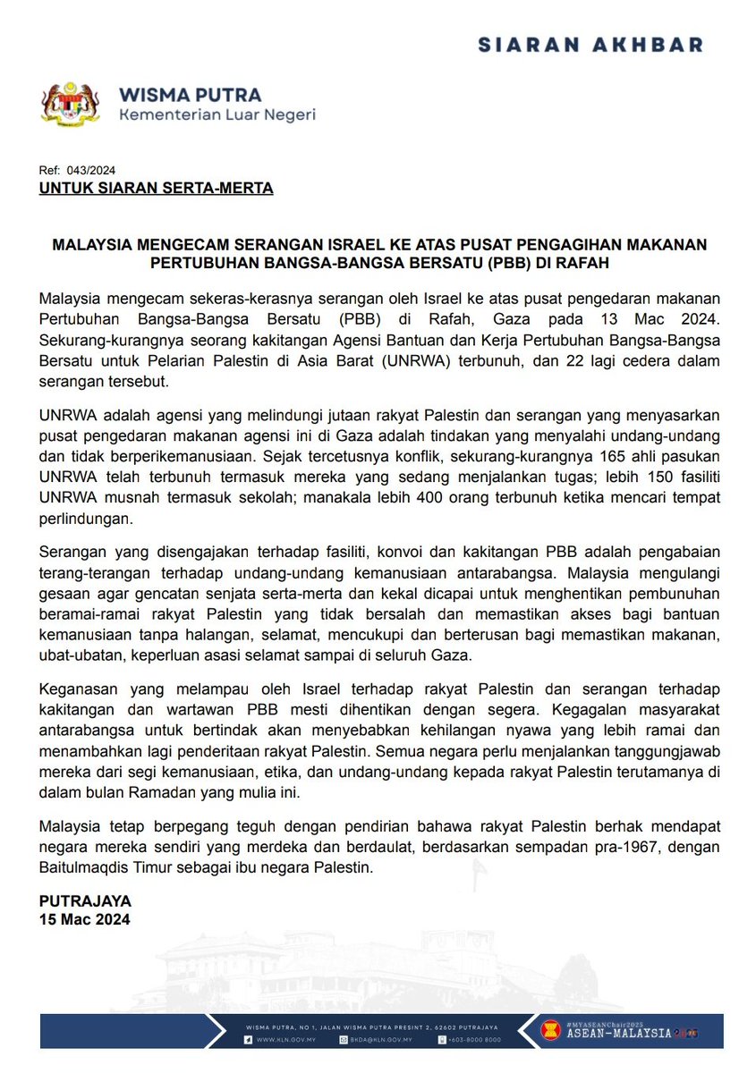 MalaysiaMFA's tweet image. PRESS RELEASE: MALAYSIA CONDEMNS ISRAEL’S DEADLY ATTACK ON A UNITED NATIONS FOOD DISTRIBUTION CENTRE IN RAFAH