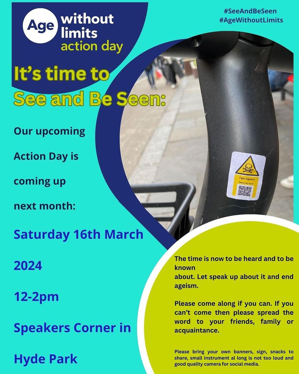 Engage all ages is organising a rally at Speakers' Corner north east corner of Hyde Park as part of the Campaign to combat Ageism 12 - 2pm on Saturday 16th March  #ageism #hydepark #AgeWithoutLimits #campaign #CentreforBetterAgeing #SeeandBeSeen #SpeakersCorners #engagesallages