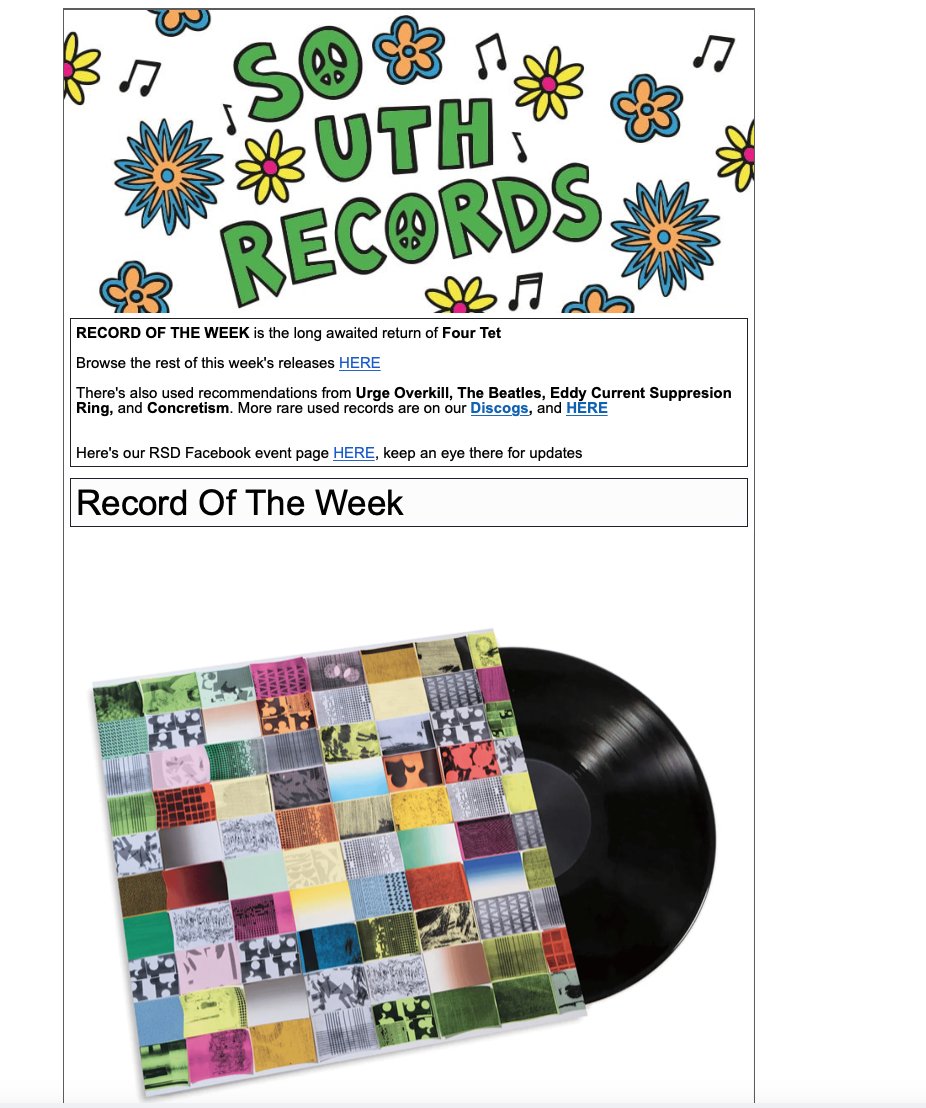 Many thanks to @southrecordshop for making FOUR TET 'Three' their Record Of The Week! @FourTet