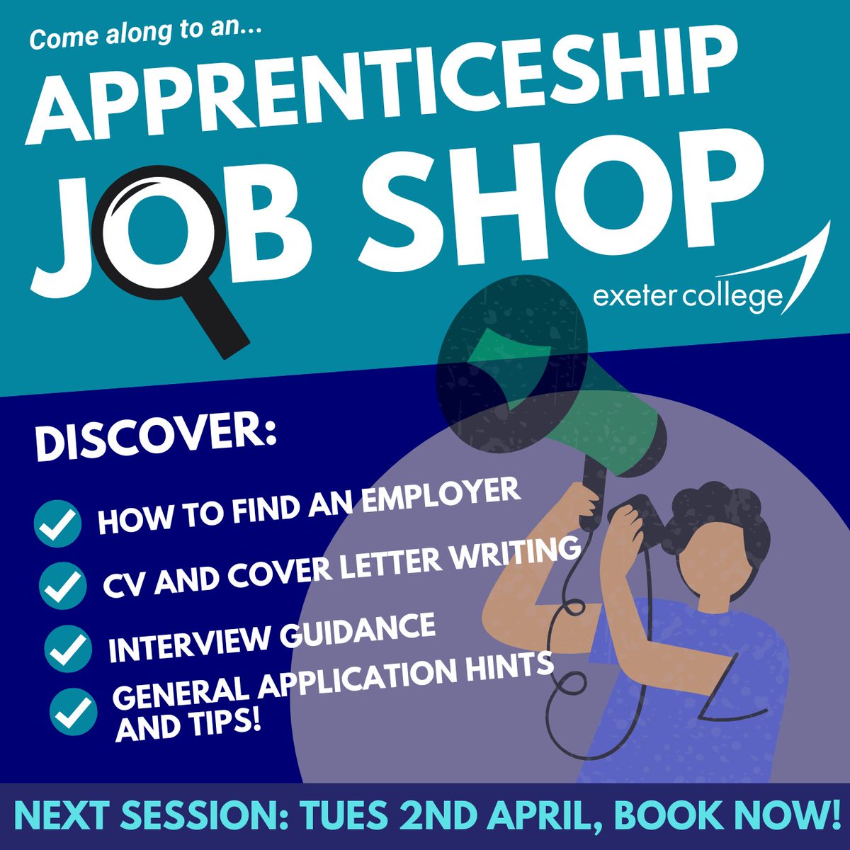 Come along to our next Job Shop on TUESDAY 2ND APRIL‼️ Sign up here: loom.ly/cO_qb4Y

The Job Shops, hosted by our friendly Training &amp; Recruitment Advisors, aim to help you with your apprenticeship job search. 🔍 

#Apprenticeships #ExeterCollege #JobSearch