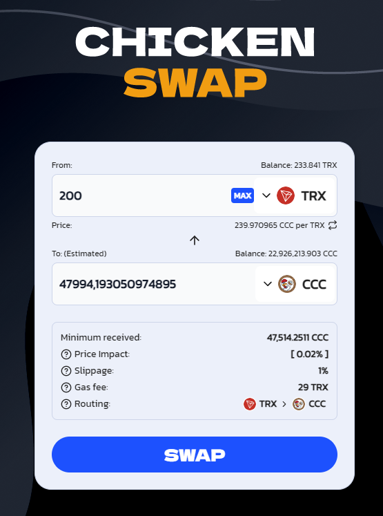 CCCTRX20's tweet photo. ChickenSWAP is Now Live for Public Testing!
Visit https://t.co/x1FuVYKdr7 to get started!
If You have any questions contact Us on Telegram!
How to buy:
MOBILE: https://t.co/M3TnNvsLIc
DESKTOP: https://t.co/xEi2VBUT99