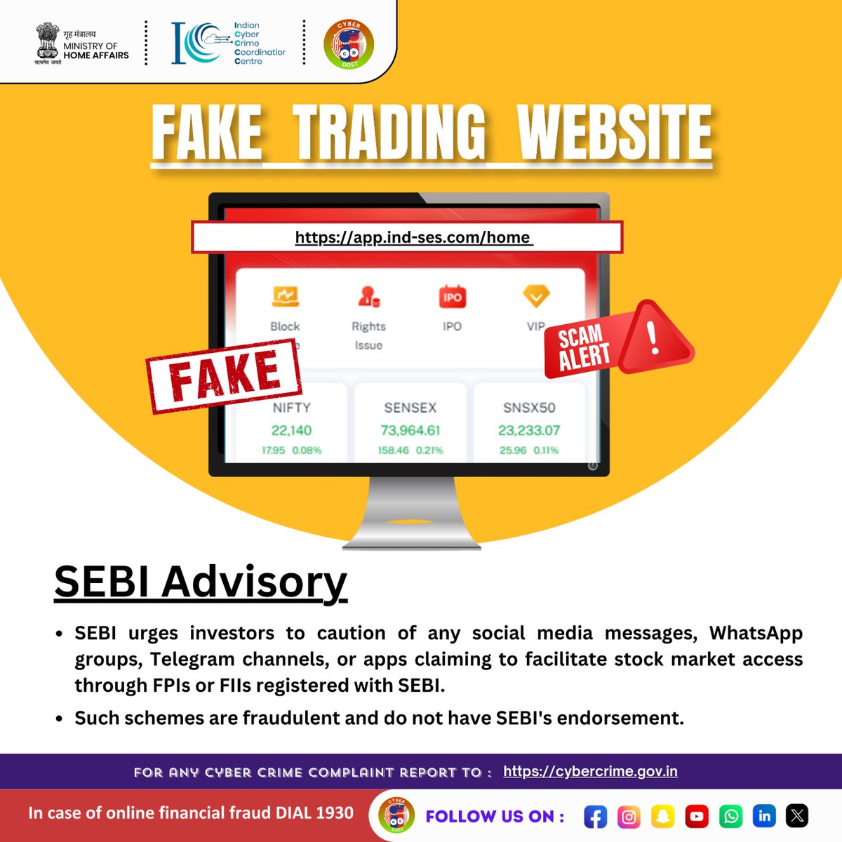Beware of Fake Trading / Investment Websites. The domain app.ind-ses.com/home 
is fake and operating from offshore regions targeting citizens having interest in Indian Stock Market.
For more info, please click here: shorturl.at/fnMRZ
#I4C #MHA #Cyberdost #Cybercrime