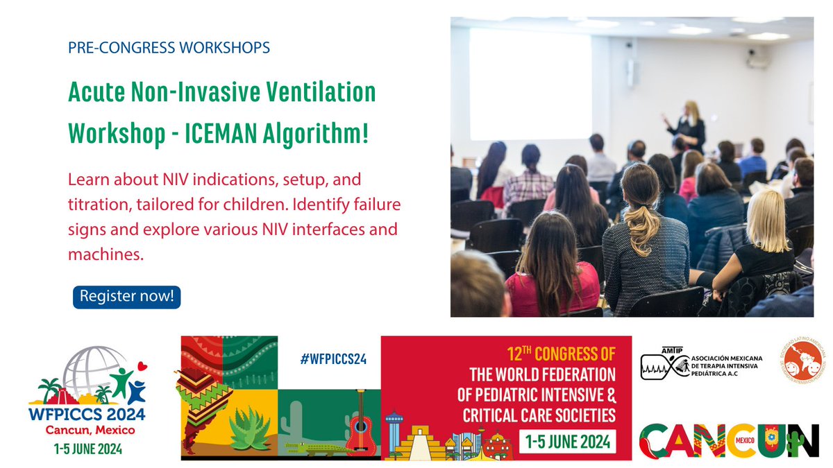 Explore cutting-edge workshops at #WFPICCS24! 🌟 Join us for the Acute Non-Invasive Ventilation Workshop – Using the ICEMAN Algorithm, a full-day session on June 1, 2024. Learn about NIV indications, setup, and more. Don't miss out, register today! bit.ly/3TheCM5