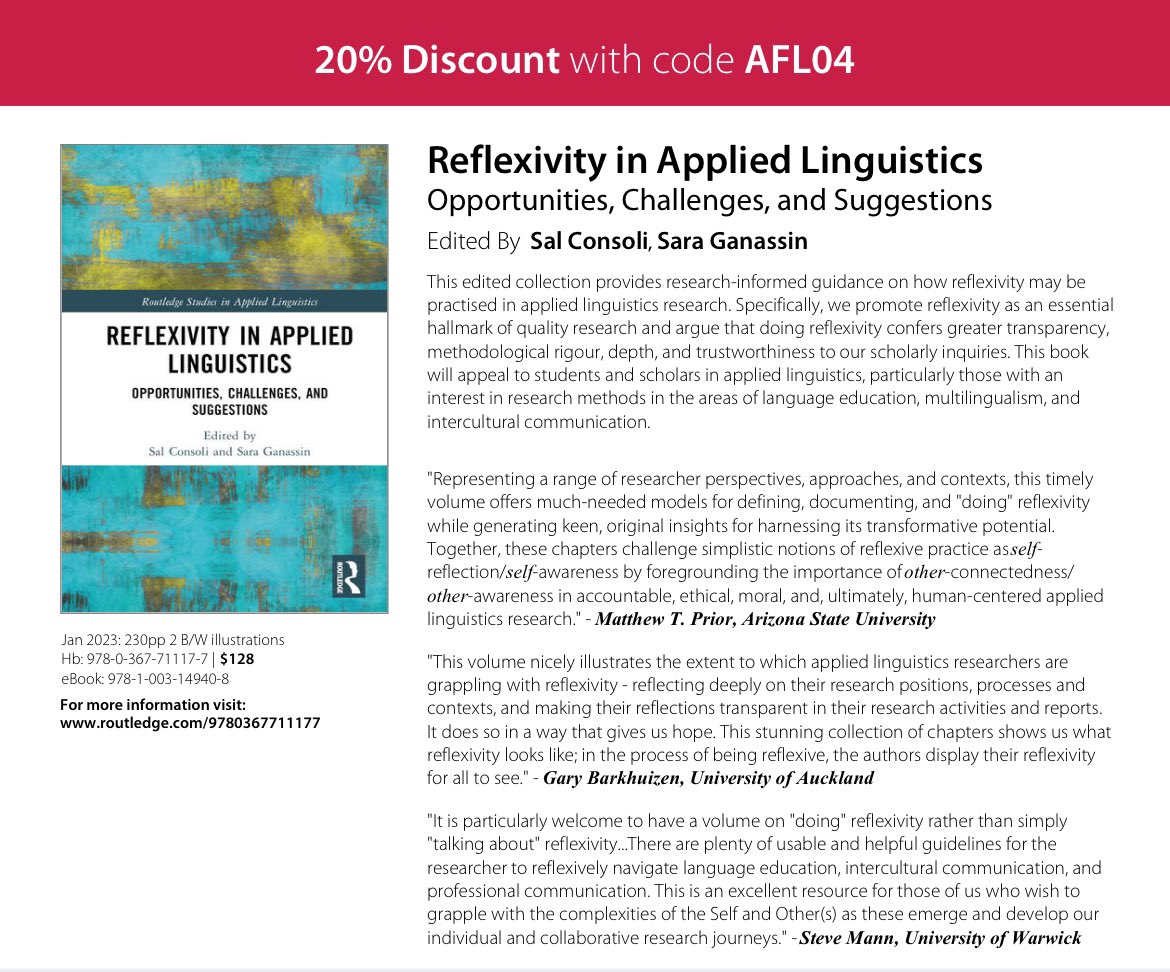 Thank you <a href="/RoutledgeLing/">RoutledgeLinguistics</a> for the <a href="/AAALinks/">Applied Linguistics</a> discount for my book with Sara and several wonderful reflexive friends! 🙏🏻🥳💙