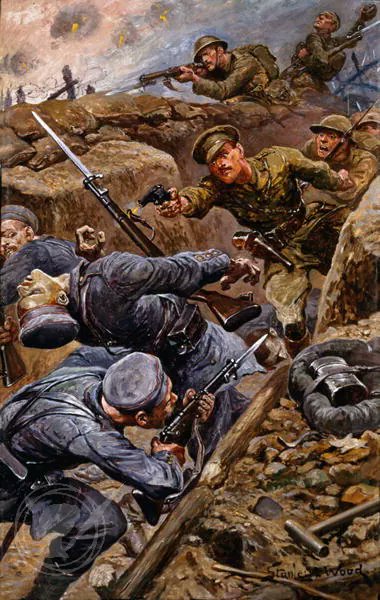 LaocoonofTroy's tweet photo. “Captain Reginald James Young winning the Military Cross at the Battle of the Somme, 1916,” by Welsh artist, Stanley L. Wood. https://t.co/gWlyRjI2rW
