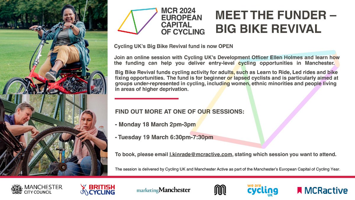 Meet the Funder! Big Bike Revival 🚴‍♀️ Join an online session with Cycling UK’s Development Officer Ellen Holmes and learn how the funding can help you deliver entry-level cycling opportunities in Manchester. @ManCityCouncil @MCRActive @the_LTA @gillylee @JohnRooManc @ky1iew