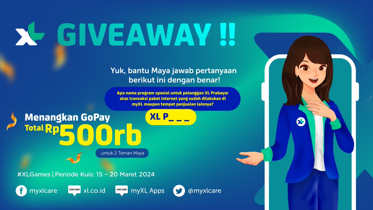 myXLCare's tweet photo. ✨ G I V E A W A Y ✨
Mau hadiah Saldo Gopay dari Maya? Yuk, ikutan #XLGames aja!

Caranya gampang:
➡️ Follow @myXLCare
➡️ Pastikan sudah RT &amp; Like tweet ini
➡️ Jawab pertanyaan sebanyak mungkin dengan benar di kolom komentar, dan sertakan hashtag #XLGames

Semoga beruntung! 💙 https://t.co/3ljDwfc1Jm