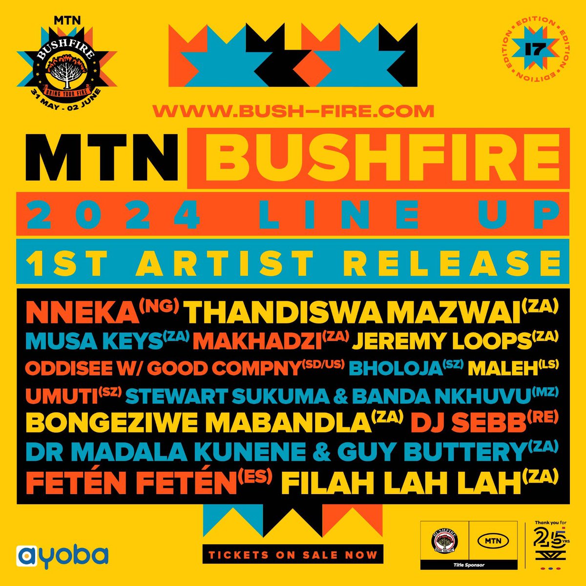 Lineup drop for @MTNBushfire is 🔥 @thandiswamazwai @ODDISEE @Nnekaworld @Bongeziwe @Filah_lah_lah @Maleh_Music @MusaKeyss @MakhadziSA and more!