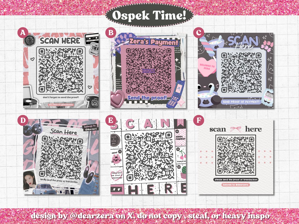 ospek time! help rt are really apreciated ♡

hii, karena aku mau nambah spess yaitu qr deco boleh minta tolong ospek katalogku? 🎀 kalau ada kesamaan dengan BA lain atau apapun kindly dm aku yaa 😉

cek ALT juga ya, thank uu (deg-deg an pertama kali ospek 🥲)
#zonauang