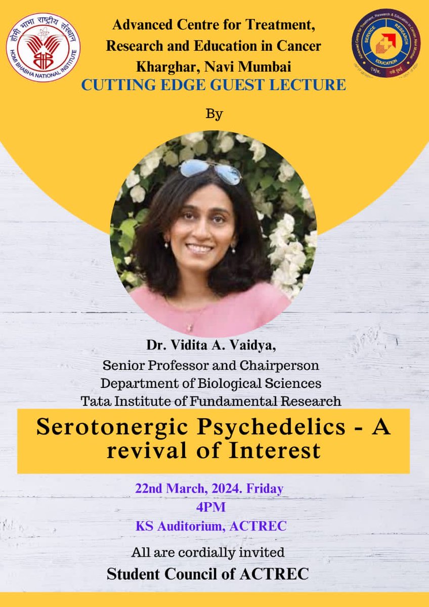 We are psyched that this month we will have @ViditaVaidya who will visit us for the Cutting Edge Guest Lecture Series and talk to us about serotonergic psychedelics! We can't wait to interact with her and hear her amazing science! 😍 @ACTREC_TMC #seminar