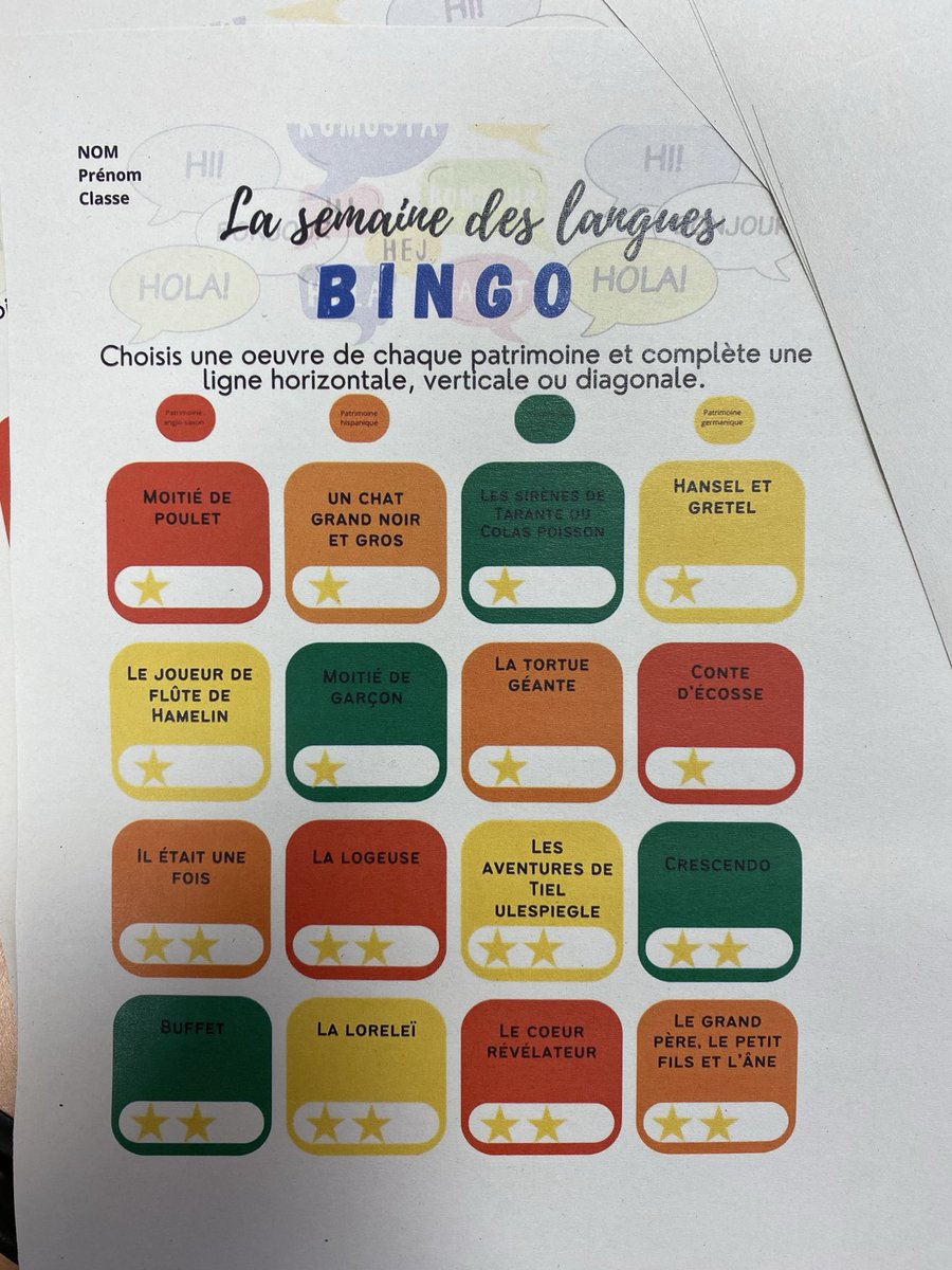 L’équipe de Lettres ⁦⁦<a href="/LaMarquisanne83/">Collège La Marquisanne</a>⁩ s’associe à l’équipe des langues. De la 6e à la 3e, découverte des textes patrimoniaux étrangers dans un bingo de lecture. Tout est prêt pour la #semainedeslangues! ⁦<a href="/MarchettiA12/">Alexia Marchetti</a>⁩ ⁦<a href="/CardieNice/">CardieNice</a>⁩