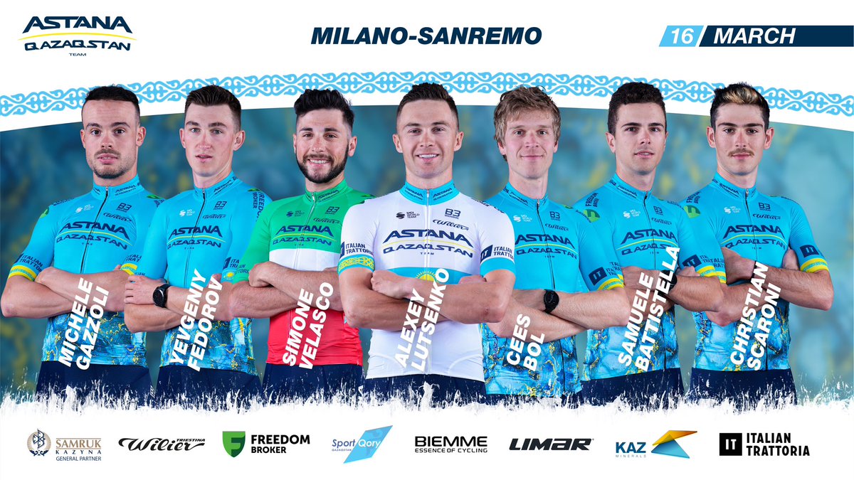 🇮🇹 ROSTER: @Milano_Sanremo @samu_batti @ceesbol1995 @AlexeyLutsenko3 @simovelasco Yevgeniy Fedorov Christian Scaroni Michele Gazzoli #MilanoSanremo #AstanaQazaqstanTeam