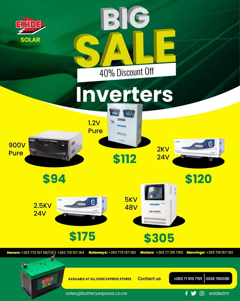 Say goodbye to power cuts with the Exide Solar Big Sale on inverters. We are your plug for all full solar system installations. Call any of our regional numbers on flyer. #stayswitcheon #exidesolar #triedandtested @KUDZIELISTER2 @EsteemComms @Mavhure @takemorem1 @alickmacheso3