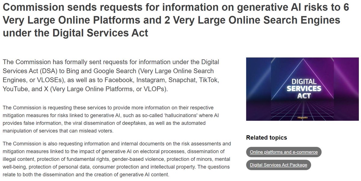 TijlDeBie's tweet photo. The @EU_Commission sent formal requests to very large online search engines and platforms for information about how they mitigate generative AI risks to electoral processes and more.
The regulatory impact of the #DSA may be larger than the #EU_AI_Act on generative AI in Europe. https://t.co/k98yk8FMwD