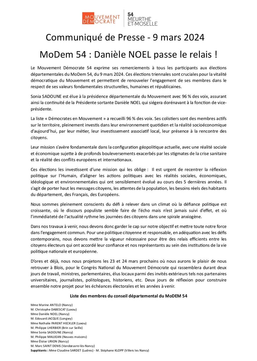 daniele_noel's tweet photo. Félicitations à Sonia Sadoune élue ce 9 mars présidente du @MoDem de Meurthe-et-Moselle! Une passation qui a reflété le désir d'unité dans l'action comme celui de liberté dans le débat chers à notre famille de pensée. #MoDem #MoDem54 Merci @lestrepublicain pour le retour #presse https://t.co/52jJlHcH34