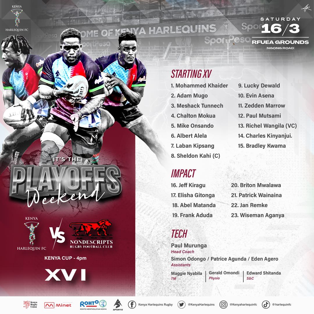KenyaHarlequins's tweet photo. WRITING ON THE WALL.
YOUR KENYACUP PLAYOFFS GAME 1 SQUAD IS OUT ‼️🔥

#sss
#coyq
#nunquamdormio 
#quinculture https://t.co/BbvNimSYap