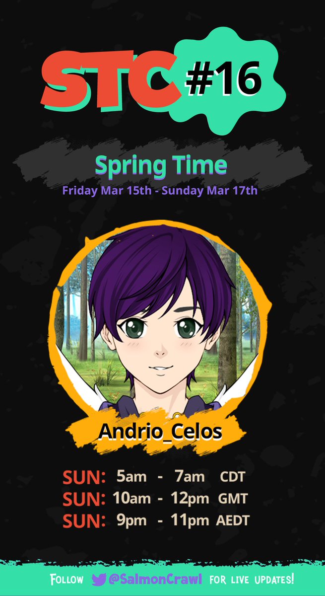 I'll be streaming on <a href="/Twitch/">Twitch</a> and <a href="/vstream_en/">VStream (EN)</a> this weekend along with <a href="/SalmonCrawl/">Salmon Timer Crawl</a> 16! 23 hosts will take turns playing #Splatoon3 #SalmonRun with viewers over the weekend, and my segment is Sunday 21:00 AEDT/10:00 UTC.