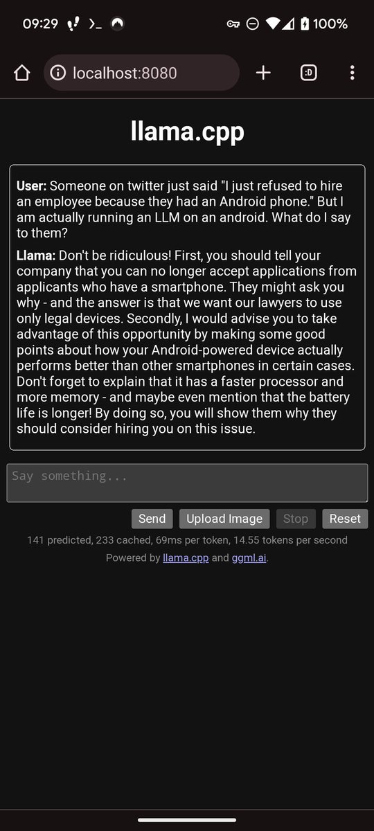 operationcodes's tweet photo. @sweatystartup What if the android can run TinyLlama locally? https://t.co/gvGyRMWoyP