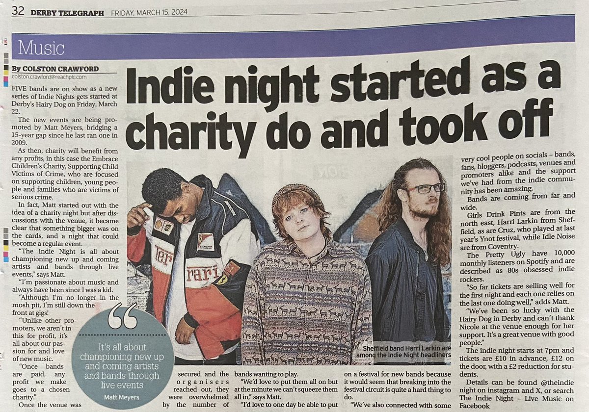 What a lovely write up in the Telegraph… thank you @derbyshire_live and @CCrawfordDT we really appreciate the support. Please come along and support us and new music. Ticket link below: gigantic.com/the-indie-nigh…