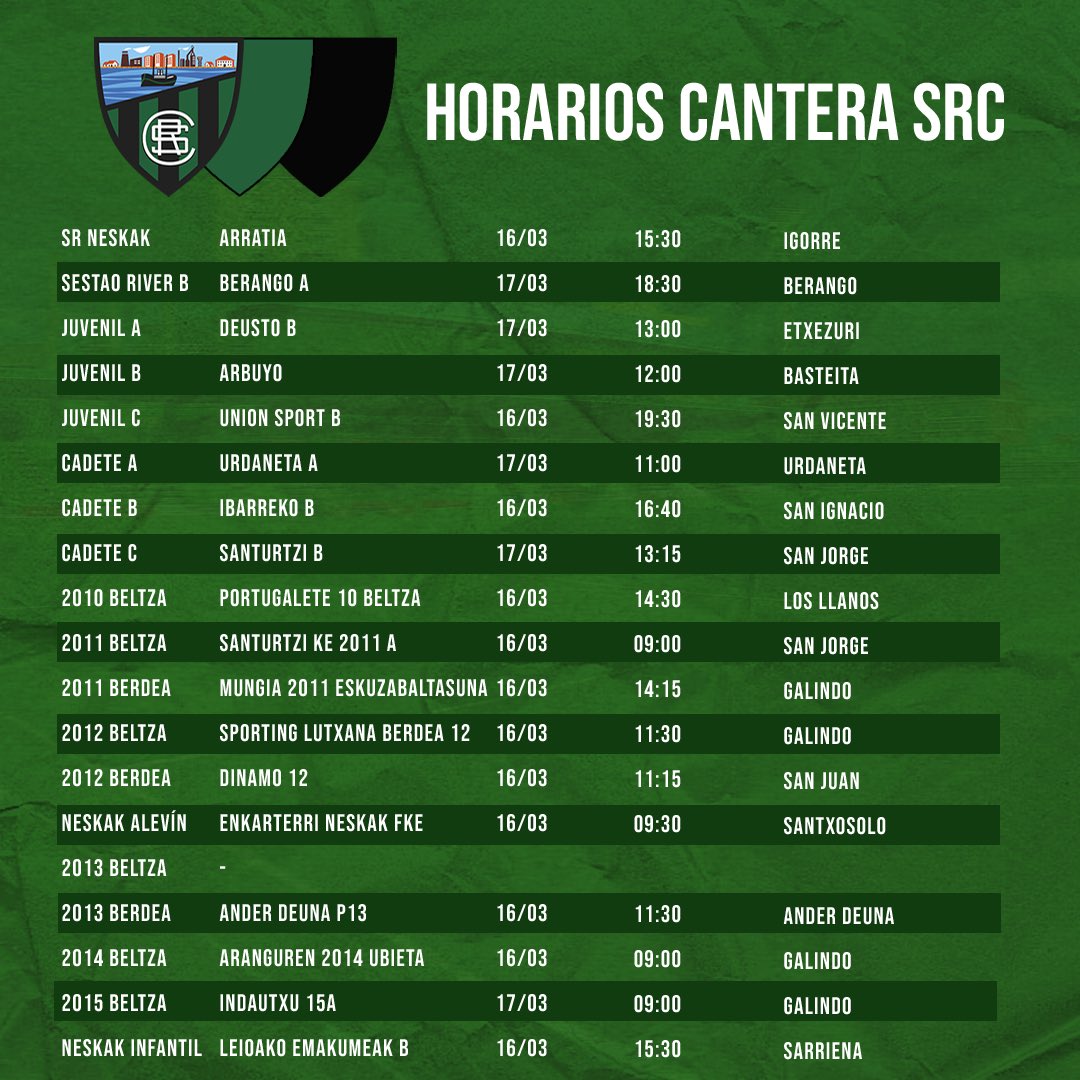 SestaoRC's tweet photo. 📌 ¡Estos son los partidos que nuestra #CanteraSRC jugará este fin de semana!

#GoazenRiver https://t.co/BBgIvvM5Rr