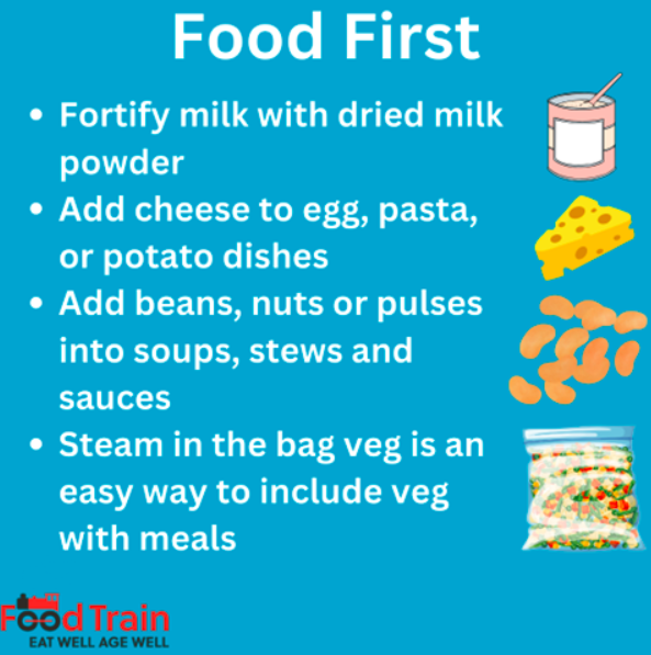Tip of the Week - Food First shared by @EatwellScot Food fortification can be used to help increase the nutritional content of a person’s diet. By adding simple ingredients you can increase the calories, protein or vitamins &amp; minerals in a meal, snack or drink.