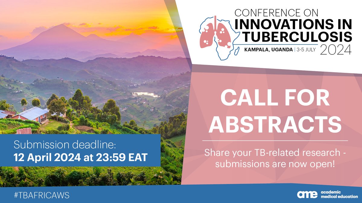 📢Call for abstracts

Don't miss this opportunity to showcase your #tuberculosis research at #TBAfricaWS!

Abstract submission closes on 12 April 2024

More info 👉tinyurl.com/4kvp93da