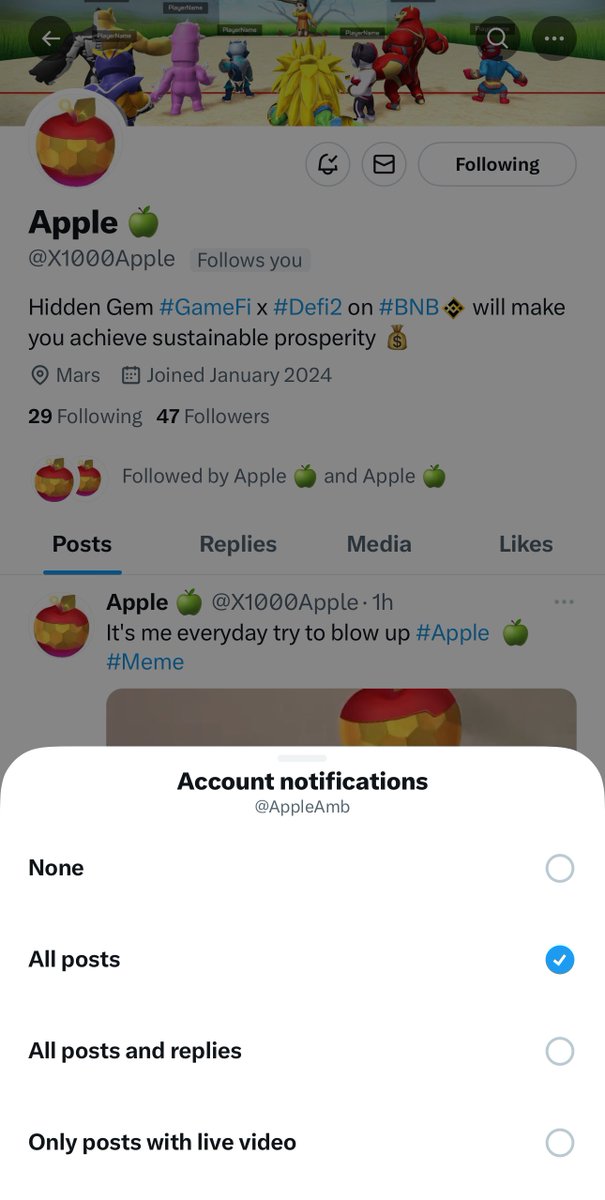 Follow and Turn on the bell 🔔  like me

Follow top KOLs, turn on bell and comment with meme image 

#Apple (Meme)

🍏Cap: 600k$
🍏Pool: 1M$
🍏Burned: 6/15M
🍏GameFi: 2 Years/ 1000 players/ Squidgame, 3D RPG
🍏 6,400 holders
🍏 Tax:
- 10% Burn
- 3% Holder